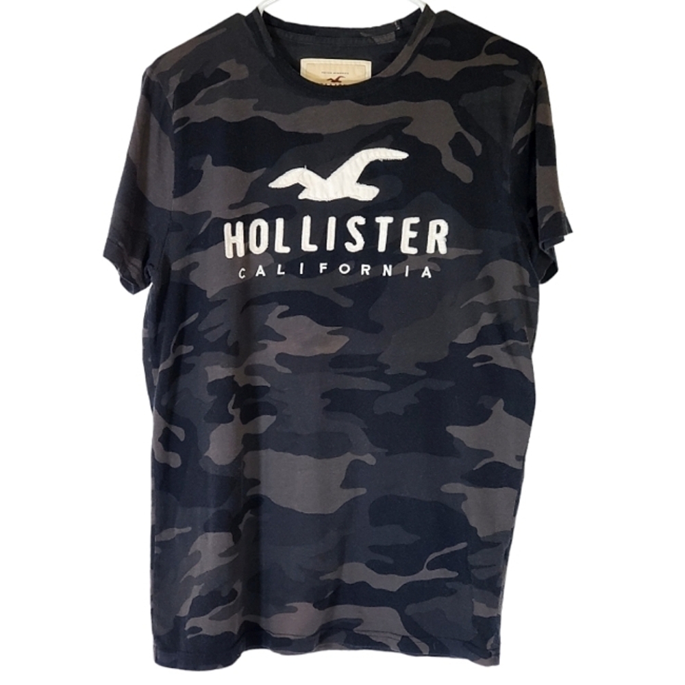 1186 * Hollister Mens Camo Print Short Sleeve Tee Black Gray Size M